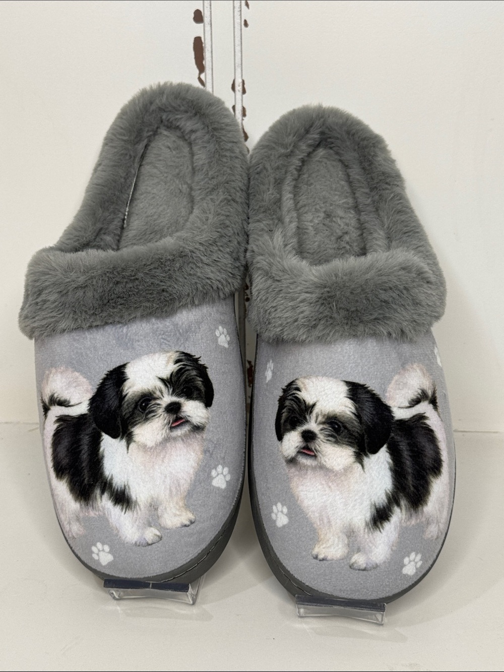 Grey Plush Dog-Print Indoor Slippers for Women